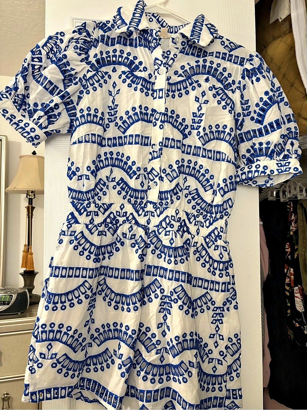 Main Trio Geometric Romper in Blue & White Size Small Like New